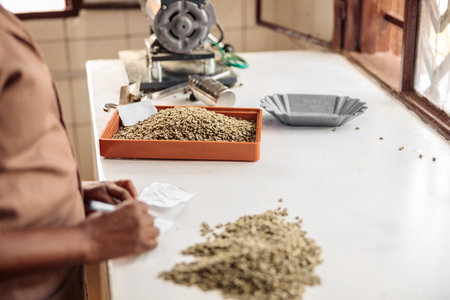 African American woman taking notes and sorting coffee beans