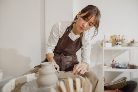 Professional female artisan shaping clay bowl in pottery studio. Ceramics art conceptの写真素材