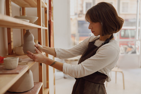 Professional potter wearing apron holding unfired clay vase while standing in pottery studioの写真素材