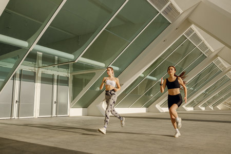 Sporty female friends in sportswear running outdoors on a sunny day . Morning jog
