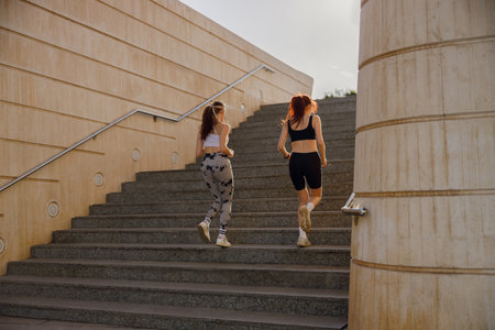 Back view of active female friends in sportswear running on steps outdoors on a sunny dayの写真素材