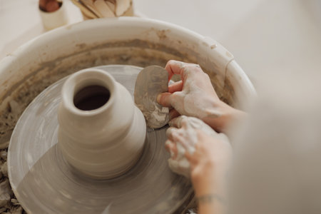 Close up of hands of professional potter molding pot shape on pottery wheel. Ceramics art conceptの写真素材