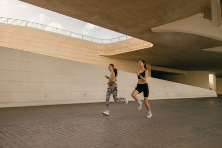 Active female friends in sportswear running outdoors on a sunny day . Morning jog