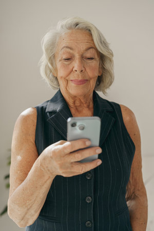 A Senior Woman Fully Engaged and Interacting with Her Smartphone in a Modern Setting