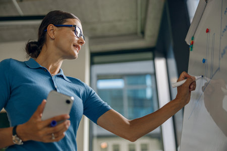 A Professional Woman Effectively Presenting Innovative Ideas in a Collaborative Office Settingの写真素材