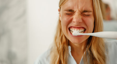 A woman is brushing her teeth with an electric toothbrush in a modernstyle bathroom spaceの写真素材