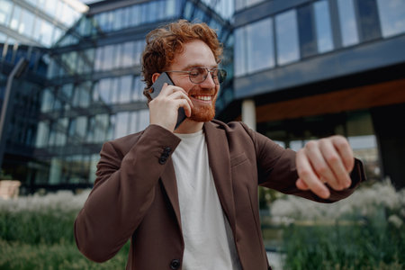 A confident and professional individual is making a phone call outside a modern office building