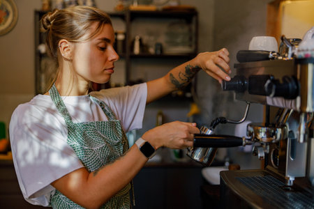Barista Preparing Coffee in a Cozy Caf Settingの写真素材