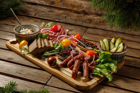 A delicious Charcuterie Board with Meats, fresh Vegetables, and flavorful Dips for any occasionの写真素材