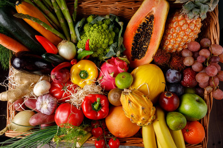A Colorful and Vibrant Assortment of Fresh Fruits and Vegetables in a Beautiful Basketの写真素材