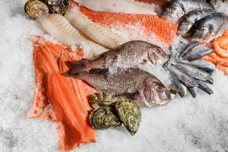 Experience a Fresh Seafood Display on Ice, Perfect for Culinary Delights and Eventsの写真素材