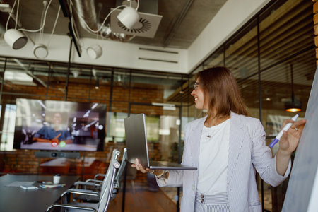 A skilled and professional woman giving a presentation in a modern office setting
