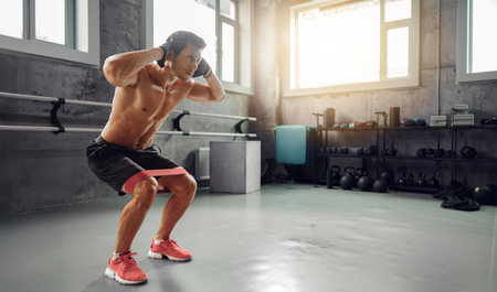 A person is squatting with a resistance band in a modern gym, highlighting their fitness journeyの写真素材