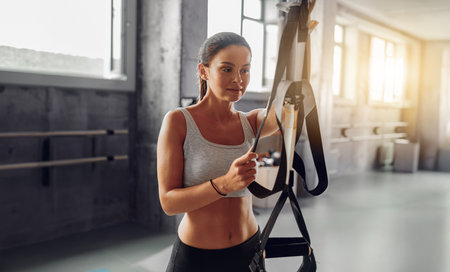 A Focused Woman Engaged in Using Suspension Training Equipment Within a Gym Environment