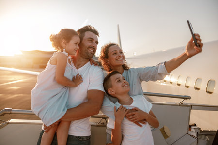 Embark on a Family Adventure Capturing Beautiful Moments Together at the Airport Gatesの写真素材