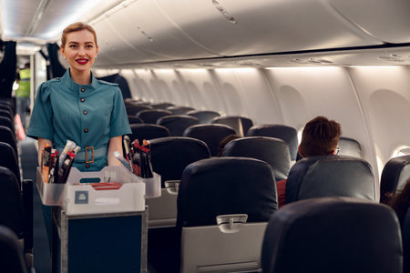 An Airline Flight Attendant is serving passengers in a modern and comfortable cabin spaceの写真素材