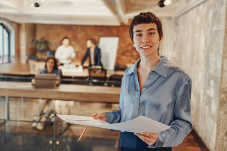 A Confident and Professional Woman Leading a Dynamic Business Meeting with Vision and Style