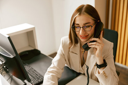 A professional woman at a desk is engaged in a phone call, showcasing her skills in an office