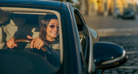 A Happy and Smiling Woman Driving Joyfully in a Vibrant City Landscape During the Dayの写真素材