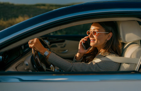 A Stylish Woman is Driving a Car while Engaged in a Phone Call during a Beautiful Day