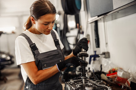 A dedicated and skilled mechanic is currently working diligently on engine components and partsの写真素材