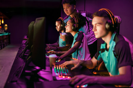 Competitive Gamers in Full Action Display at the Thrilling Esports Tournament Event