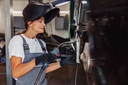A skilled female welder is diligently working on a vehicle inside the workshop environmentの写真素材