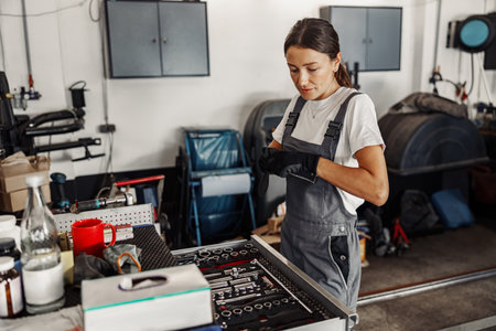 A female mechanic works in a modern garage, utilizing advanced tools and equipmentの写真素材