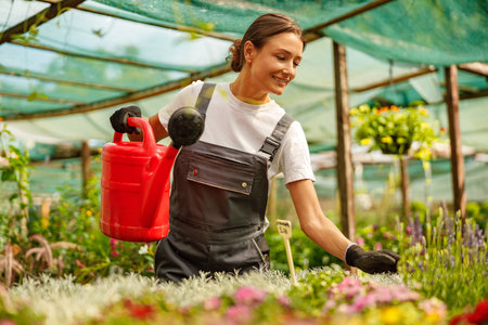 A Young Gardener Enthusiastically Watering Colorful Plants Inside a Lively Greenhouseの写真素材
