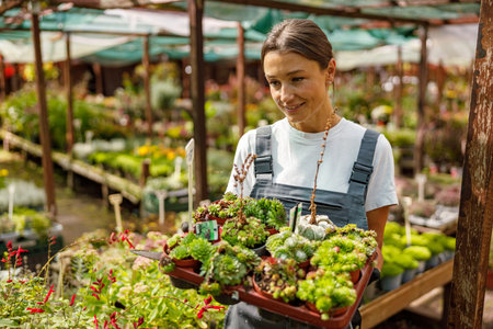 A joyful woman selecting beautiful succulents in a vibrant, greenfilled greenhouse