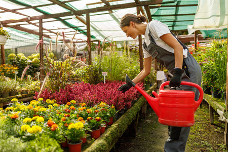 A dedicated gardener waters vibrant plants in a greenhouse, ensuring their growth and healthの写真素材