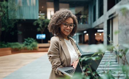 female advisor with laptop smiling, confident woman expert working on digital projects in modern officeの写真素材
