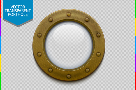 Illustration of a bronze or brass ship porthole with glass. Isolated on transparent background. Rivets mountのイラスト素材