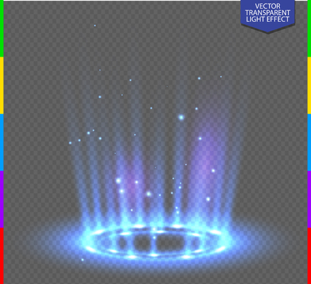 Round blue glow rays night scene with sparks on transparent background. Empty light effect podium. Disco club dance floor. Show party. Beam stage. Magic fantasy portal. Futuristic teleport.のイラスト素材
