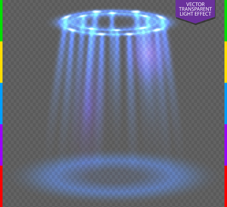 Round blue glow rays night scene on transparent background. Empty light effect podium. Disco club dance floor. Show party lamp in fog. Ufo beam stageのイラスト素材