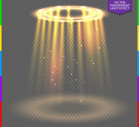 Round golden glow rays night scene with sparks on transparent background. Empty light effect podium. Disco club dance floor. Show party lamp in fog. Ufo beam stageのイラスト素材