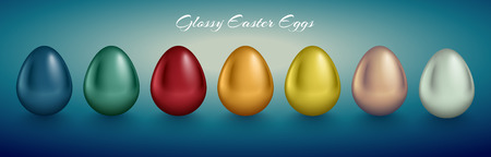 Glossy metallic egg set. Golden, silver, blue, red, green, orange, yellow, white color reflect paint. Turquoise deep retro background. Horizontal collection for Easter card or banner design.のイラスト素材