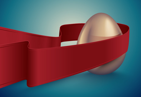 Glossy golden egg with red winding tape. Turquoise deep retro ribbon background idea. Vintage banner, card, poster for Easter, business benefit concept.のイラスト素材