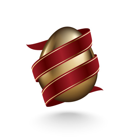 Glossy golden egg diagonal wrapped red ribbon isolated on white background.のイラスト素材