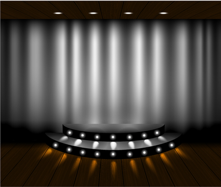 Vector silver curtain stage scene with spotlights and wooden floorのイラスト素材