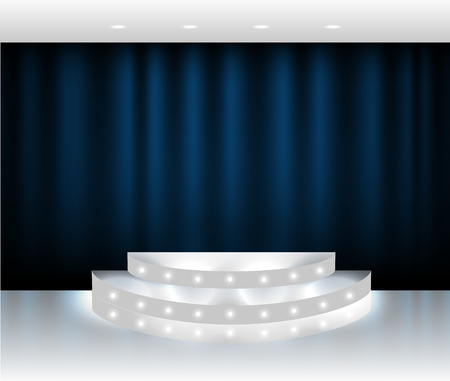 Vector blue curtain stage scene with spotlights and white glossy floorのイラスト素材