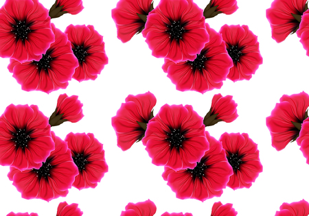 Floral seamless pattern with red flower and pink petal on white. Bright vivid color repeating passion background. Wrapping paper or cloth design.のイラスト素材