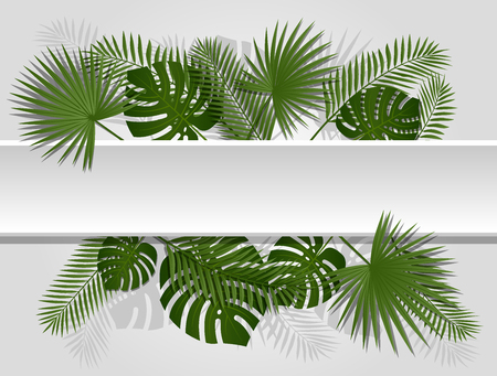 Green summer tropical header with exotic palm leaves and plant. Vector floral design on white line background.のイラスト素材