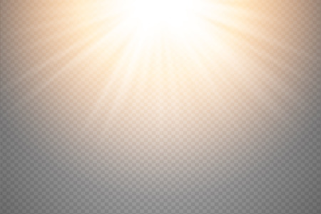 Golden glowing light burst explosion on transparent background. Vector illustration light effect decoration with ray. Translucent shine sun, bright flare. Vibrant flash on top.のイラスト素材