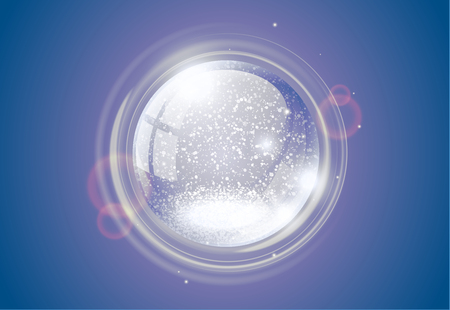 Snow globe empty Christmas magic ball. Xmas retro violet snowglobe vector illustration. Crystal dome snowflake and sparkling light effect. Rotation spark card.のイラスト素材