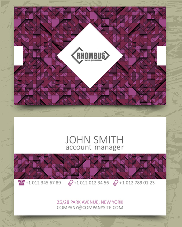 Violet triangles modern business card design template. White rhombus element with logo on pink purple background. Color line. Volume 3d geometric pattern.のイラスト素材