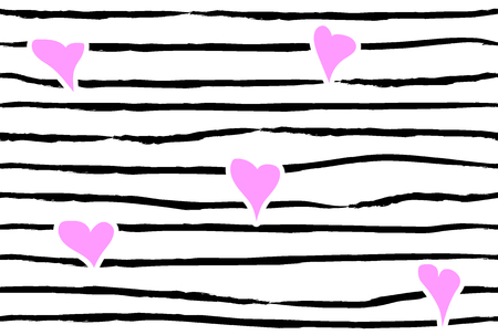 Pink confetti heart on striped background. Seamless love pattern. Hand painted black brush strokes on white. Valentines day emo style wallpaper.のイラスト素材