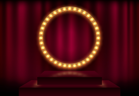 Round frame with glowing shiny light bulbs, vector illustration. Shining party banner on red curtain background and stage podium. Signboard with lamps border for lottery, casino, poker, roulette.のイラスト素材