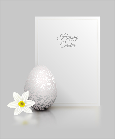 White color realistic egg with silver metallic floral pattern and Happy Easter card golden frame. White narcissus flower on light grey background with reflection. Vector illustration.のイラスト素材