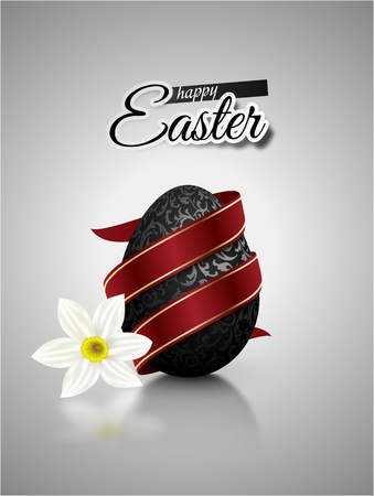 Black mat realistic egg with metallic floral pattern diagonal wrapped red ribbon. Gray background with reflection and white narcissus flower. Bright greeting card with Happy Easter textのイラスト素材